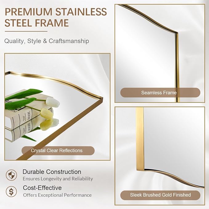 ANDY STAR Gold Bathroom Mirror, 22"x30" Scalloped Wall Mirror in Stainless Steel Metal Frame, Unique Vanity Mirror with Modern Curved Edge Design, Ideal for Bathroom, Bedroom, Entryway