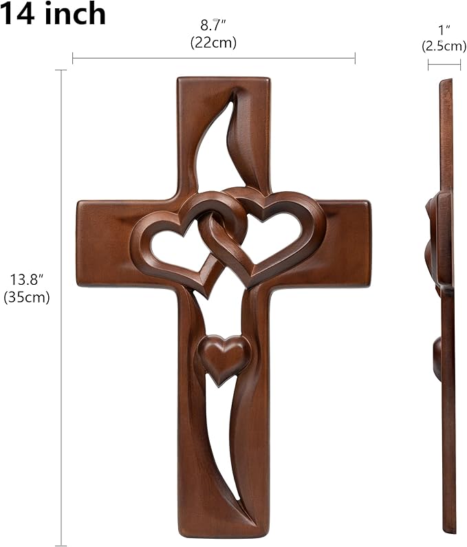 BGCOPPER Marriage Cross for Wall Love Wall Decor, Handmade Wooden Intertwined Heart Wall Cross for Wedding Valentine Christmas Gift - 14 Inch