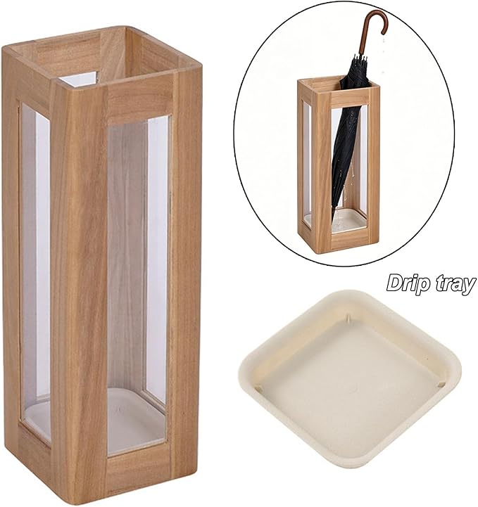 Umbrella Stand with Removable Plastic Drip Tray, Spacious Storage Bucket, for Home Entryway Decoration and Hotel Lobbies, Features a Solid Wood Umbrella Bucket, Acrylic Frame(Natural)