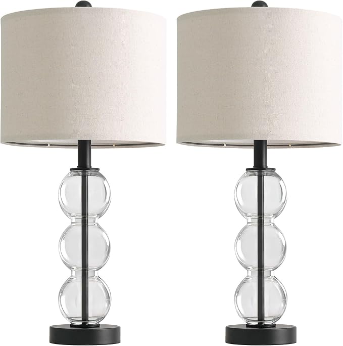 Oneach 25" Glass Table Lamps Set of 2, Black Modern Table Lamps with USB Ports for Living Room, Linen Shade Bedside Lamps for Bedroom, Nightstand, Side Table (Bulbs not Included)