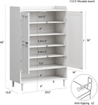 White 7+1 Tier Farmhouse Shoe Storage Cabinet - 45" Tall Entryway Organizer with Cross Molding Doors, 3 Adjustable Shelves & Metal Legs, Shoe Rack for Front Door Entrance