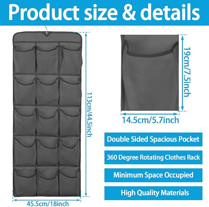 2Pcs 30 Large Pockets Dual Sided Hanging Shoe Organizer for Closet Shoe Storage Shelves with 360 Rotating Hanger Space Saving Storage Bag Hanging Shoe Rack for Bedroom Laundry Room,Black
