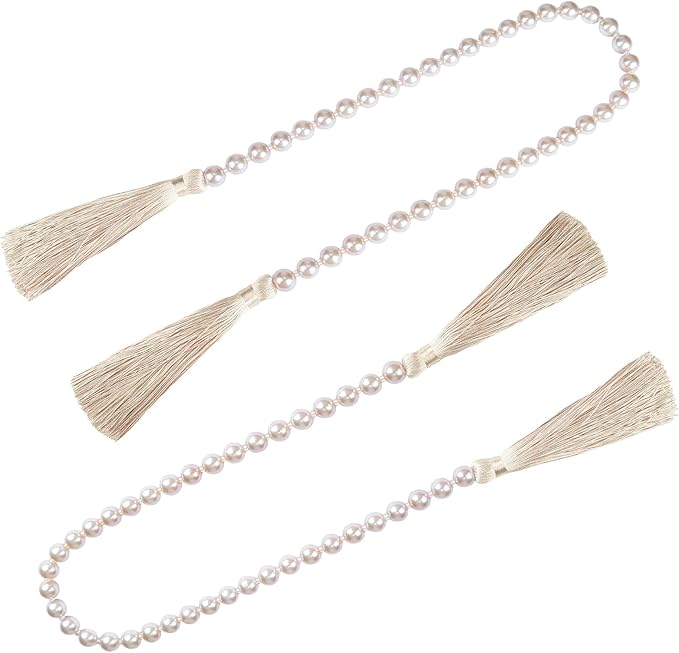 34 Inch Glass Bead Garland with Tassels - Elegant Boho Table Decor, Fringe Wall Hanging for Wedding, Party, Farmhouse Rustic Prayer Bead Home Decoration(2 Pack,Off White)