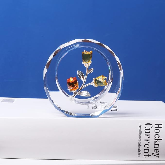 LONGWIN Crystal Tulips Flower Figurines with a Outer Circular Ring, Glass Spring Bouquet Home Decor Paperweight Ornaments Yellow