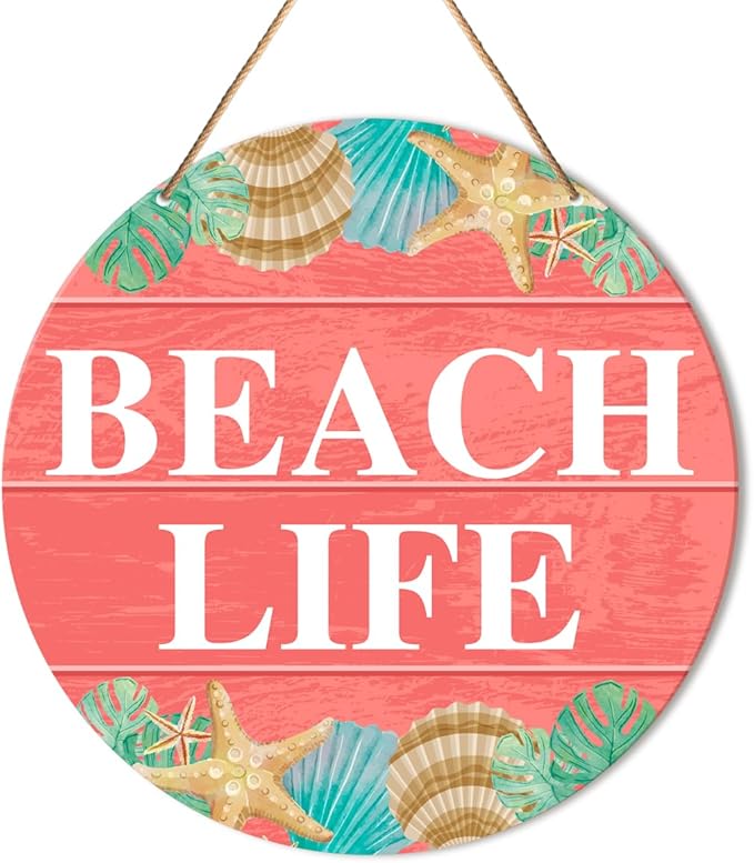 Beach House Sign Wall Decor, Summer Beach Hanging Sign Decor Farmhouse Wall Decorations Seashell Wood Sign for Front Door, Patio, Porch, Bathroom, Housewarming Gift for Beach House Home, Beach Life