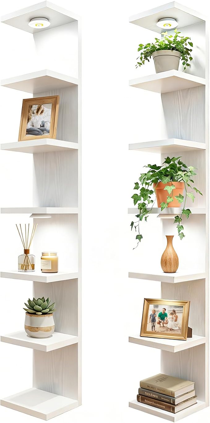 Fixwal 7 Tier Wall Mounted Shelf Set of 2 White Lack Wall Shelf with LED Lights Floating Shelves for Home Decor Organizer Display