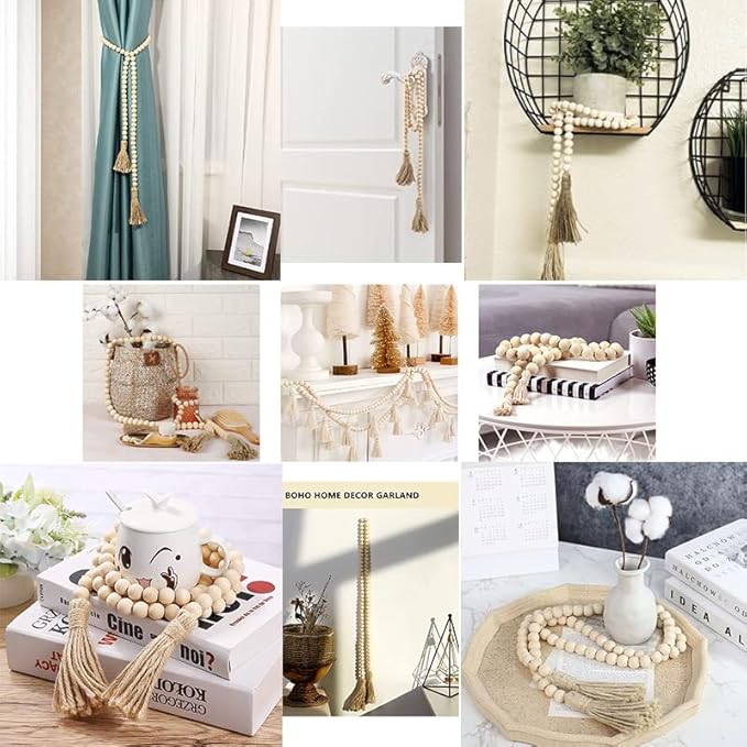 2 Pcs 58.2in 16mm Wood Bead Garland Farmhouse with Tassels,Versatile Prayer Beads Boho Chic Wall Hanging Home Decor，Beige