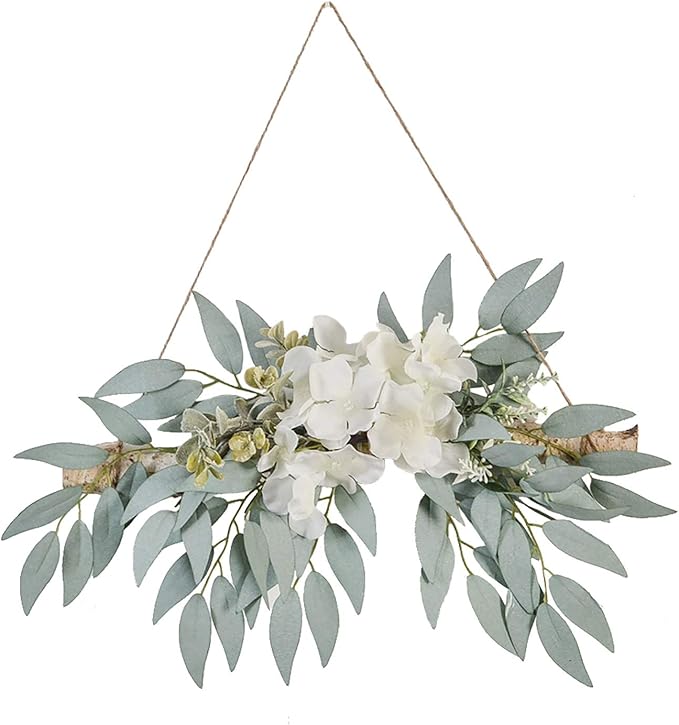 Artificial Flower Swag, 11.8in Eucalyptus Swags with White Flowers Handmade Greenery Hanging Decoration Swag for Wedding Arch Home Decor, Green, 210320XU03-7852-1500036402