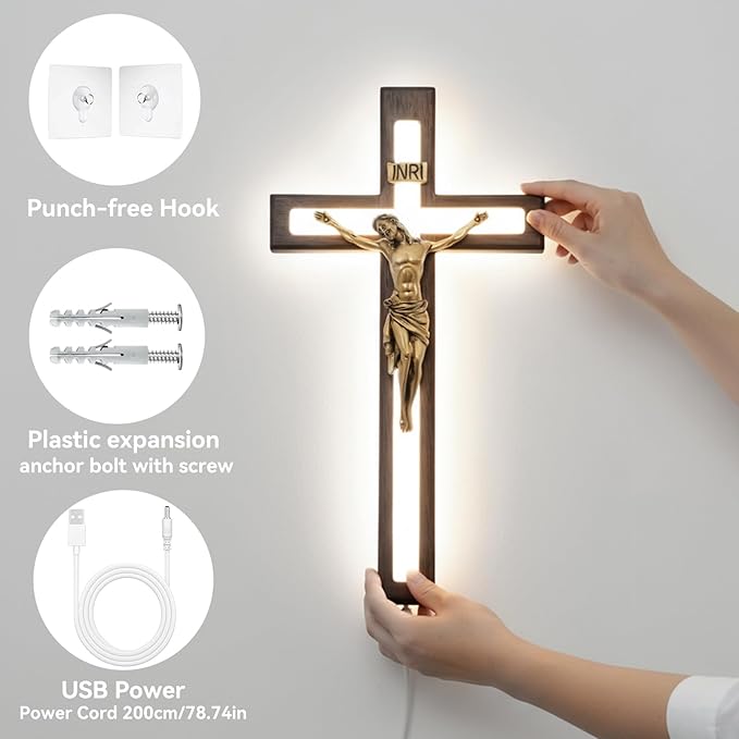 MoSavris Crucifix Wall Cross with Jesus with LED Light Handmade Wood Cross Wall Decor 13 Inch Catholic Wooden Cross for Faith & Blessing Wall or Home Decor Faith Gift for your Acquaintances