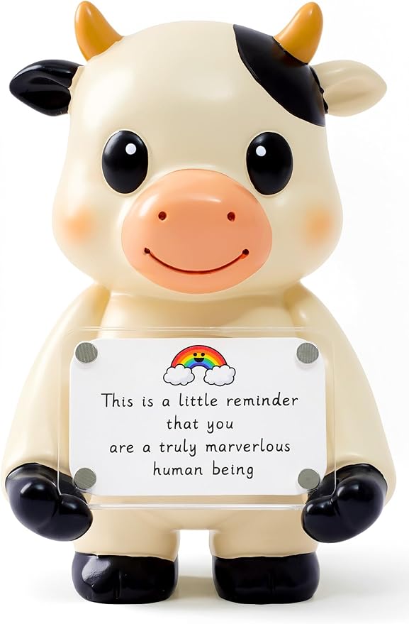 Positive Cow Figurine - 5.1" Tall Hand-Painted Resin Indoor Office Desk Decoration with Cute Motivational Sign, Funny Gift for Women Friends Bestie BFF Bestfriend Coworkers