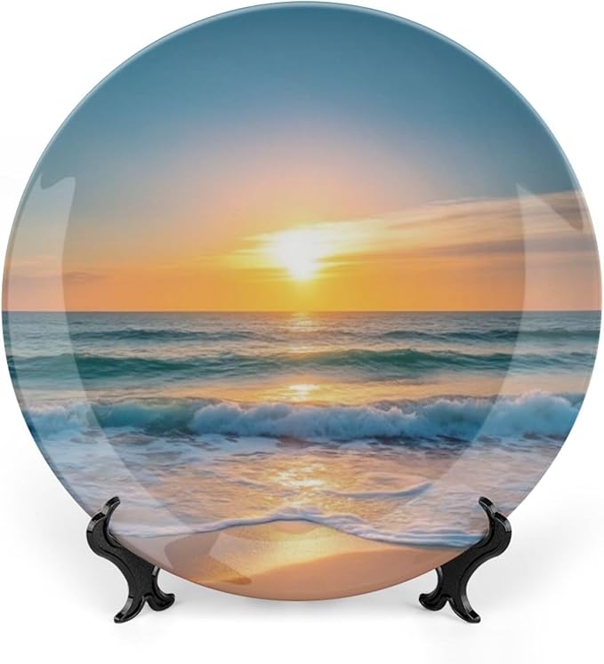 Sunrise Theme Decorative Ceramic Plate Round Porcelain Plate,6 inch,Beach Pattern,for Decorative Ornaments Giving Plates,1 Plate with 1 Display Stand,Gold Blue