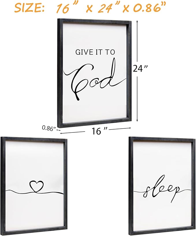 Set of 3 Framed Farmhouse Give it to God and Go to Sleep Signs Above Bed Wall Decors for Bedroom Wood Signs (Black, 16x24 inches)