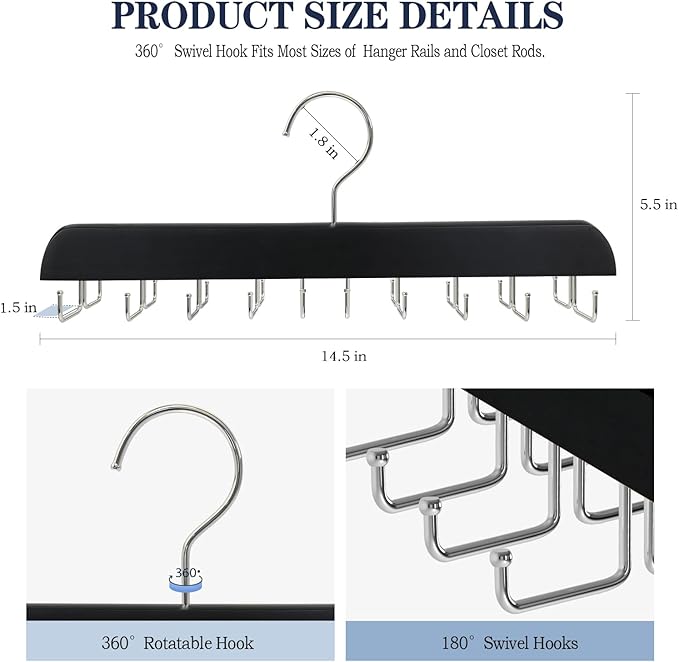 Tie Rack Belt Hanger for Closet Upgraded Non Slip Tie Hanger Space Saving with 20 Foldable Hooks Wooden Belt Tie Organizer for Tank Tops Bras Cami Scarves