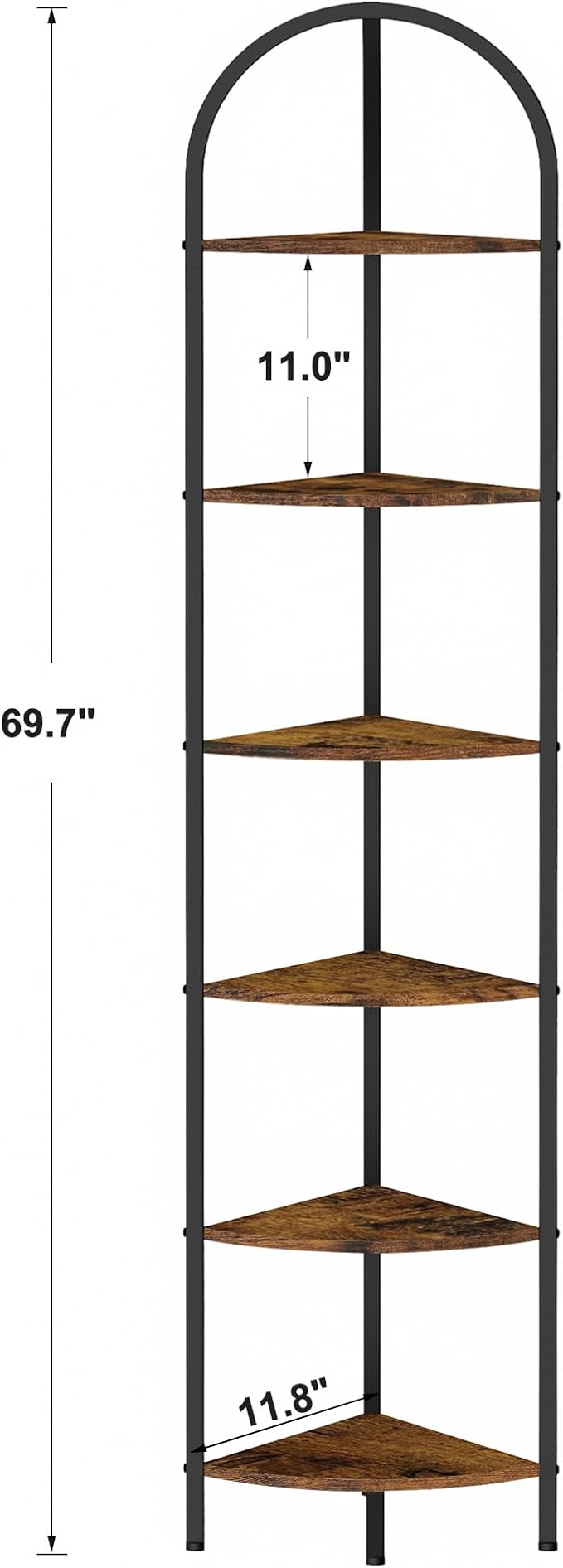Homhedy 6-Tier Arched Corner Shelf Stand, Wall Corner Bookshelf with Metal Frame, Plant Stand, Industrial Storage Rack Shelf for Living Room, Bedroom, Office, Bathroom, Rustic Brown and Black