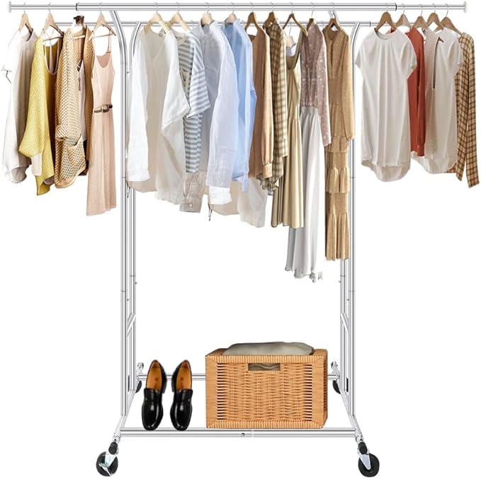 Silver Heavy Duty Double Rod Garment Rack for Hanging Clothes Chrome, Commercial Rolling Clothes Organizer Commercial Metal with Lockable Wheels Mobile for Coats Dresses