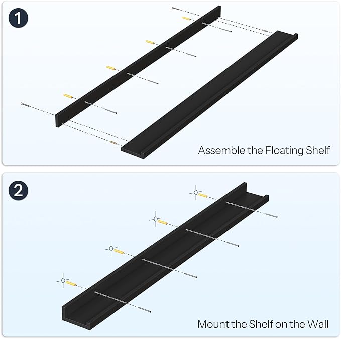 HOOBRO Floating Shelves, Wall Shelf Set of 3, 47.2 Inches Hanging Shelf with Raised Edge and Invisible Brackets, for Bathroom, Bedroom, Kitchen, Office, Living Room Decor, Black BK92BJ01