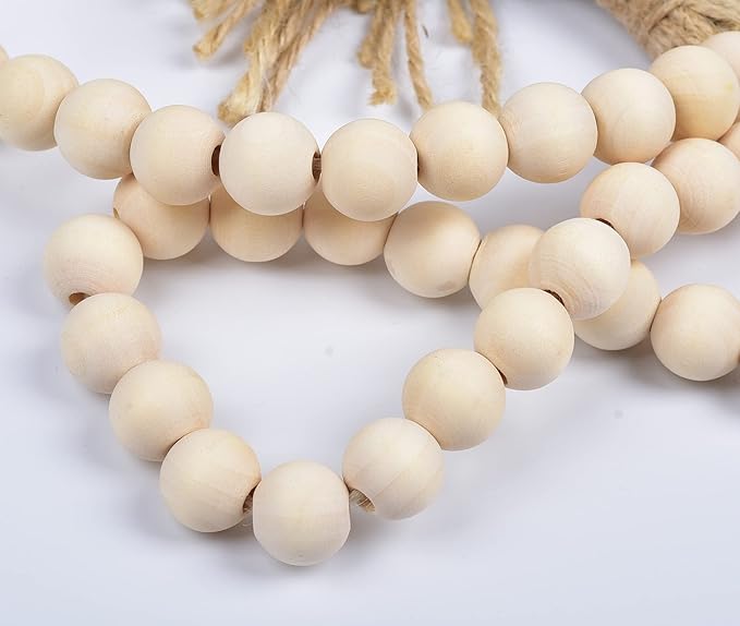 LSKYTOP 60 Inches Wood Bead Garland with Tassel,Farmhouse Rustic Prayer Boho Wooden Beads for Tiered Tray Coffee Table Mantel Decor (4Pack)