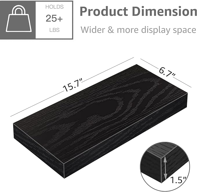 QEEIG Floating Shelves for Wall Bathroom Shelf Bedroom Kitchen Living Room Farmhouse Small Book Shelf 16 inch Set of 4, Black (015-B4)