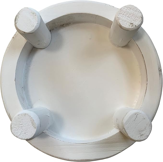 dwellington Farmhouse Beaded Wood Pedestal Tray Decor, 7.6” Round Vintage Display Stand, Decorative Accent Display Riser for Kitchen, Bathroom Small Items (White)