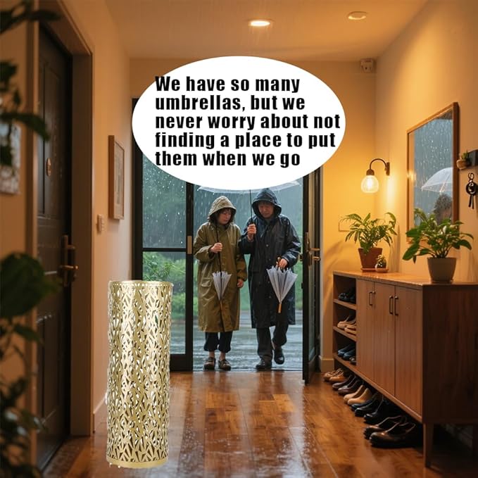 vifloae Umbrella Stand Rack for Entryway Metal Hollowed Freestanding Round Umbrella Holder Organizer Bin Umbrella Basket for Home Hotel Office Decor Gold S