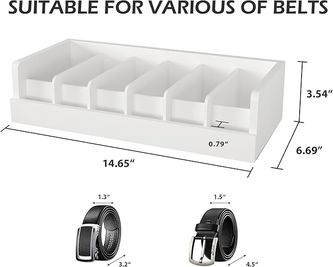 Belt Organizer for Closet - 6 Grids White Bamboo Belt Storage Organizer Racks for Men Women's Drawer, Belt Display Holder Wall Mount with 2 Pcs Tie Clip