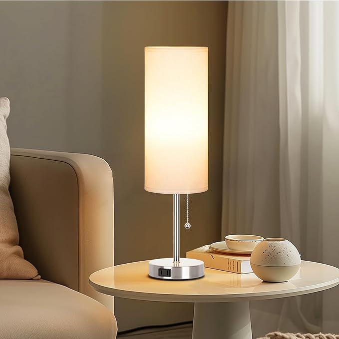 Dott Arts 18" Table Lamp for Bedroom, 3-Color Bedside Lamps with Pull Chain, Bedroom Table Lamps for Nightstand,AC Outlet Small Lamp for Living Room, Bulb Included Nickle