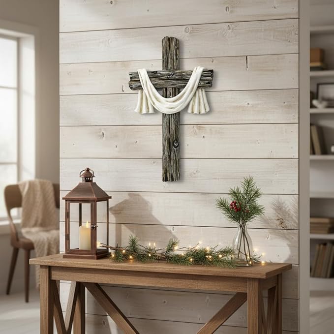 Comfy Hour 13" Rustic Brown Wall Cross Decor, Christian Farmhouse Wall Art with White Cloth, Wooden Look Religious Cross Plaque for Living Room, Bedroom, Entryway, Resin Sculpture Home & Communion Decor