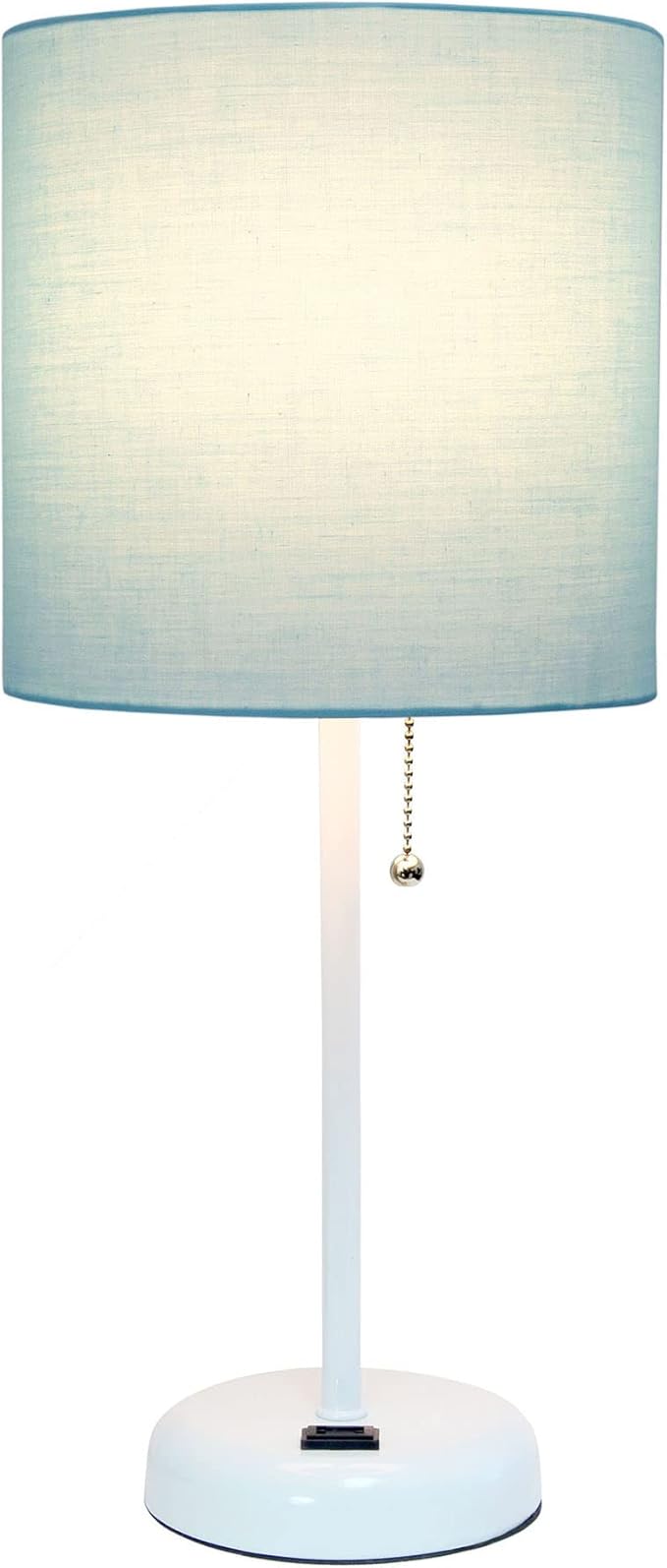 Oslo 19.5" Contemporary Bedside Power Outlet Base Standard Metal Table Desk Lamp in White with Aqua Drum Fabric Shade