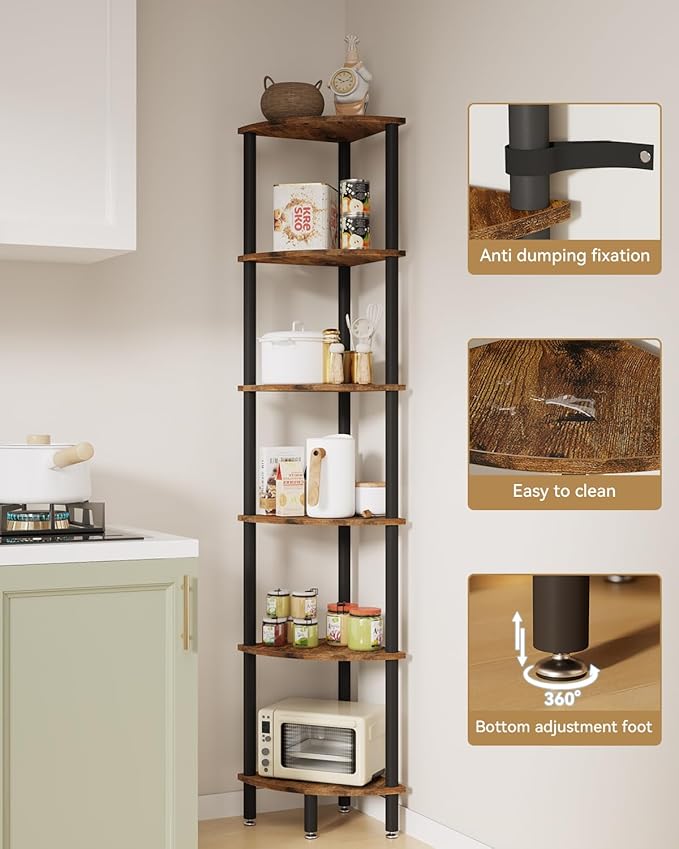 IBUYKE 6 Tier Corner Shelf Stand,Industrial Corner Display Rack,Corner Bookshelf for Living Room, Bedroom, Kitchen, Home Office, Brown WBC011H