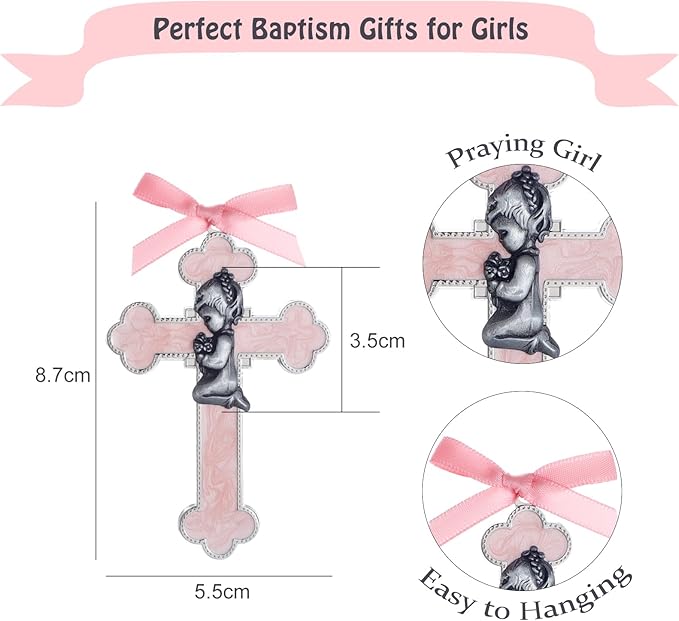 KOMI Pink Baby Wall Cross Baptism Gifts for Girls Praying Boy Cross Wall Hanging Decor Religious Catholic Baptism First Holy Communion Gifts