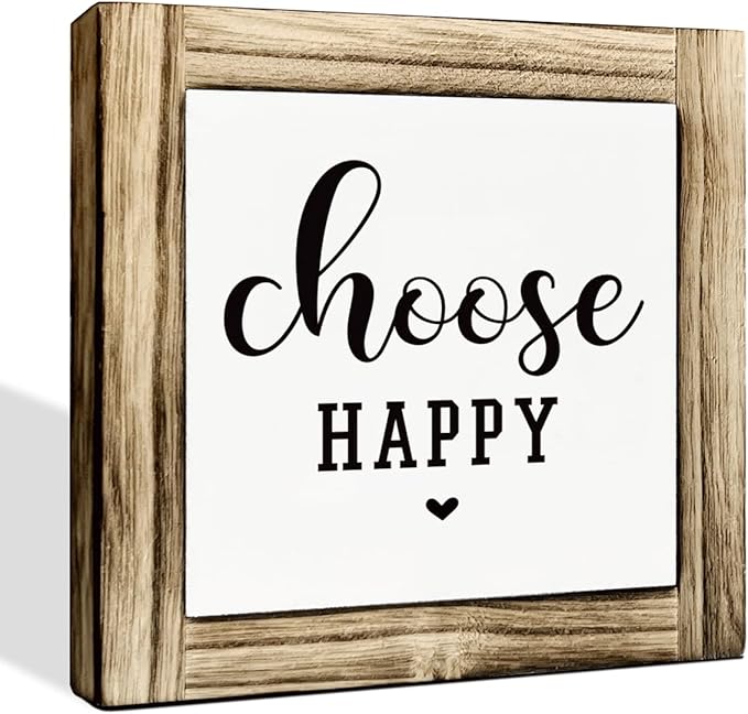 Positive Decor Signs, Happy Mindset Wood Sign, Decorative Wooden Box Signs, Farmhouse Desk Decor, Inspirational Home Office Decors, Housewarming Gift, Choose Happy Sign, 5.9×5.9 inches