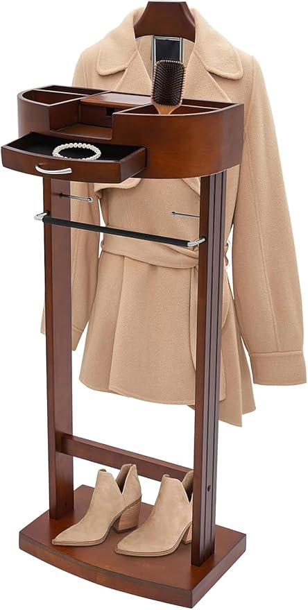 Wooden Suit Rack with Drawer, Valet Stand for Men & Women, Freestanding Clothing Valet Organizer with Wooden Shelf and Charging Port, Solid Birch & Iron Bronze, Holds 22 lbs, for Bedroom Office