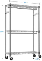 IZEUK Heavy Duty Rolling Garment Rack Wire Clothes Rack for Hanging Clothes (Chrome, 3 Tier with 2 Rod, 15.7" D x 45.3" W x 79.6" H)