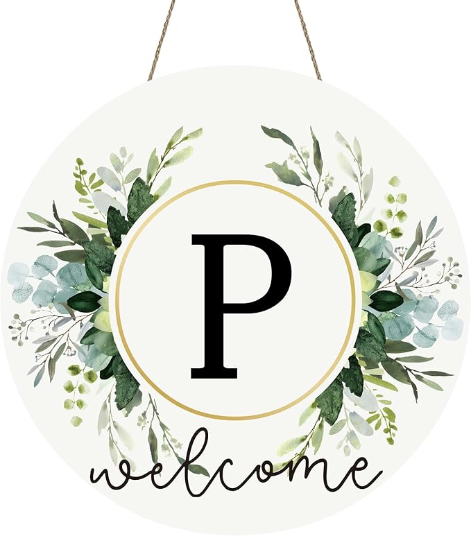 Monogram Letter P Wreaths for Front Door Wreath Wooden Welcome Sign for Front Door Decor Floral Family Last Name Initial House Warming Spring Summer Porch Rustic Wall Home Kitchen Boho Decorations