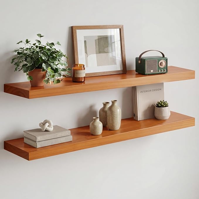 Homeforia Oak Floating Shelves 36 inches Long, High End Solid Real Wood 36 inch Floating Shelf for Room Wall, Honey Oak Wooden 36inch Kitchen Shelves, Heavy Duty Bracket, 36 X 6.5 X 1.75 in, Set of 2