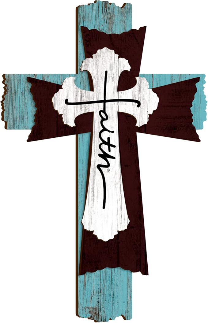 Yookeer Large Wooden Christian Wall Cross Religious Decor Art Wood Wall Cross Hanging Rustic Multi Layered Weathered Look Spiritual Sculpture for Church Home Farmhouse Indoor Outdoor