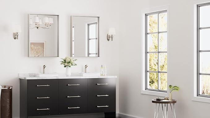 Keonjinn Brushed Nickel Bathroom Mirror for Wall 22 x 30 in, Rectangular Metal Framed Silver Mirror for Vanity Square Corner Aluminum Alloy Rectangle Modern Mirror for Over Sink(Horizontal/Vertical)