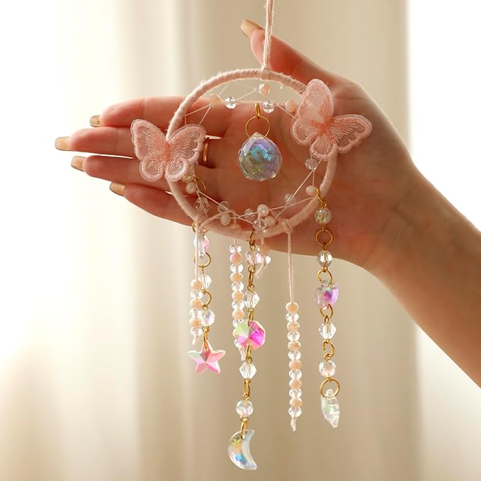Artilady Dream Catcher for Girls - Pink Butterfly Small Moon Dream Catchers with Crystals Cute Room Decor for Teen Girls Boys Boho Bedroom Wall Home Decorations Birthday Christmas Kids Gifts