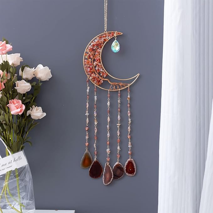 Agate Moon Dream Catchers with Crystal 7 Chakra Gemstone Dream Catchers Color Natural Gem Agate Wall Hangings Room Garden Dreamcatchers Decor (Orange)