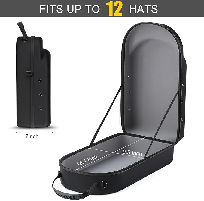 Hard baseball hat case, Hat Carrier Travel Case with Adjustable Shoulder Strap, Hat cap case for 12 Baseball Caps - Perfect for Traveling & At-Home Storage (Black with Grey)