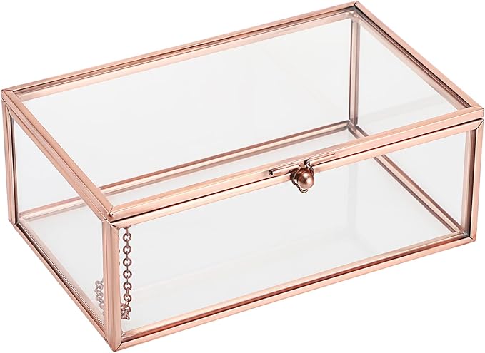 Hipiwe Vintage Glass Keepsake Box Rectangle Jewelry Display Organizer Lidded Box Home Decor Glass Decorative Box for Trinket Rings Earrings Bracelet, Rose Gold, Small