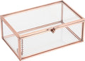 Hipiwe Vintage Glass Keepsake Box Rectangle Jewelry Display Organizer Lidded Box Home Decor Glass Decorative Box for Trinket Rings Earrings Bracelet, Rose Gold, Small
