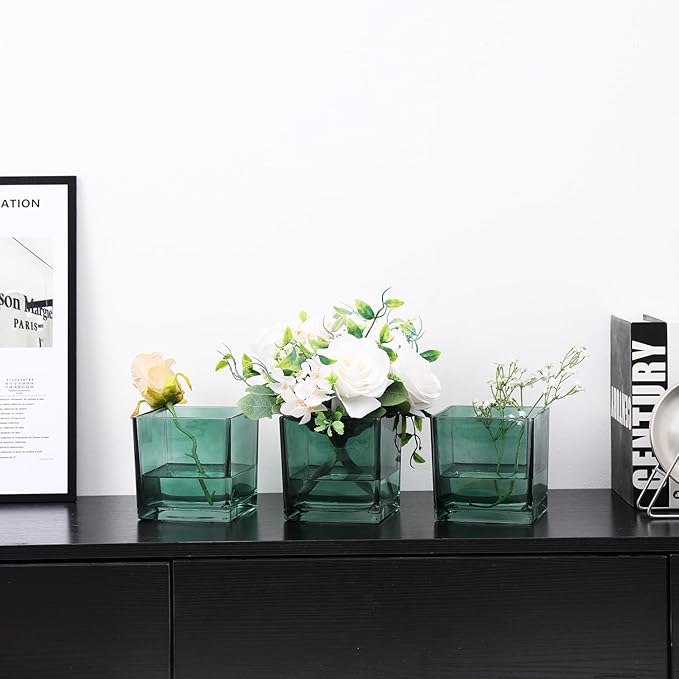 Square Green Glass Vases Set of 6, 5" x 5" x 5" Flower Vases for Centerpieces, Square Vase for Centerpieces, Small Vase for Wedding, Party, Home Office Decoration