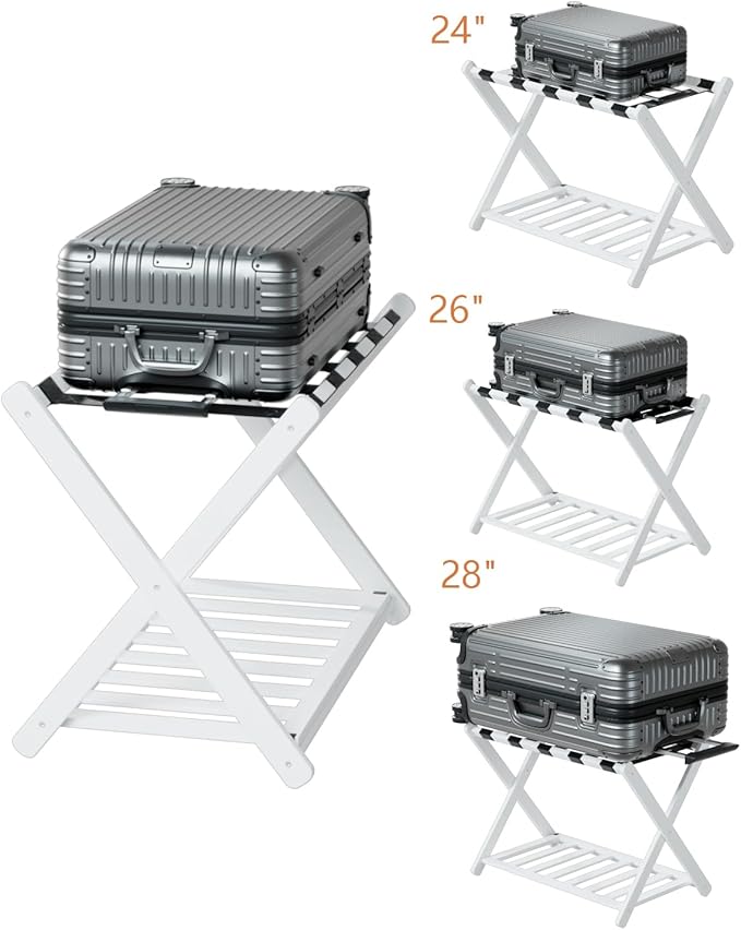 Luggage Racks, Set of 2 Folding Luggage Rack for Guest Room, Bamboo Suitcase Stands with Nylon Straps, X-Shape Heavy Duty Luggage Holder, Suitcase Holder for Guest Room, Hotel, Bedroom, White