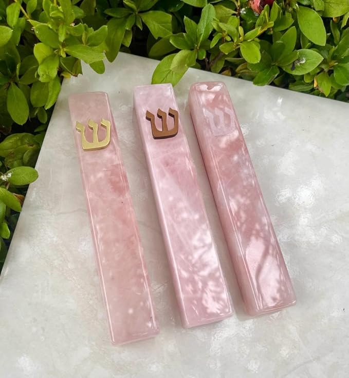 A&S Mezuzot Quartz Mezuzah Case with Engraved Shin Design Easy Peel and Stick Judaica Door Mezuza (Pink, 5 Inches)