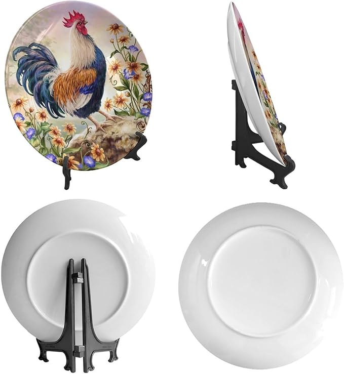 Rooster Decorative Plates, 6inch, Rooster on Stone Round Display Plate, Hanging Decorative Plate with Display Stand, for Kitchen Party Coffee Table Decor Art