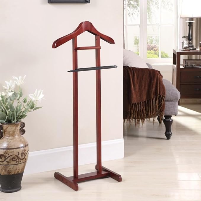 Wooden Suit Valet Stand with Contour Hanger Trouser Bar and Accessory Tray Elegant Wardrobe Organizer for Men Bedroom Closet and Office Mahogany Finish