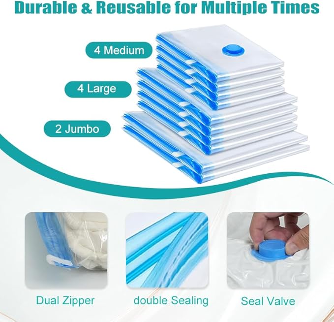 Vacuum Storage Bags, 10 Pack with Electric & Manual Pump, Space Saver Compression Bags for Clothes, Blue and White, Nylon, 4 Medium 4 Large 2 Jumbo, (Electric Pump)