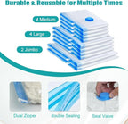 Vacuum Storage Bags, 10 Pack with Electric or Manual Pump, Space Saver Compression Bags for Clothes, Blue and White, Nylon, 4 Medium 4 Large 2 Jumbo, (E & H pump 20 Bags)