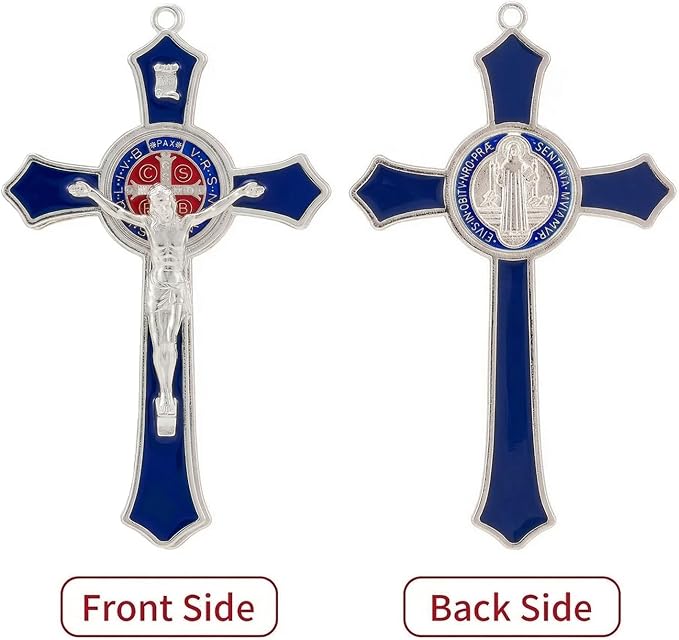 TALPGOD 7 Inch St Benedict Crucifix Blue,Crucifix Wall Cross for Catholic Decor,Jesus Christ Hanging Cross Wall Art Decor,Escapularios Catolicos,Saint Benedict Medal for Home Decoration